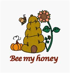 Applique bee hive in yellow with buzzing bees, cheerful sunflower, and a brown pumpkin. Playful fall design.