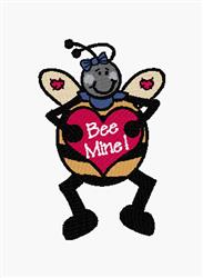 Cute bee holding a red heart with 'Bee Mine!' text, wearing a blue bow, perfect for Valentine's Day. Applique style.