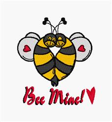Playful bee with yellow and black stripes and red hearts for Valentine's Day, featuring the text 'Bee Mine!'