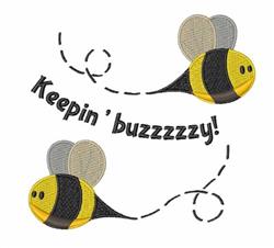 Playful bee design featuring two cartoon bees in yellow and black with gray wings, flying in spring.