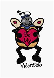 Playful cartoon bee holding a vibrant pink heart saying 'Be My', adorned with small hearts for Valentine's Day.