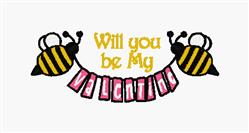 Playful bees holding a pink banner with 'Will you be My VALENTINE', bright colors for Valentine's Day.