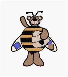 Cheerful cartoon bee with brown and yellow stripes, large eyes, and blue patterned wings, waving happily.