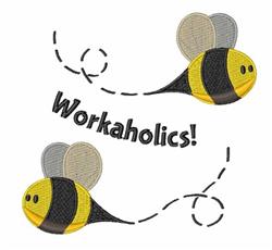 Playful cartoon bee with cheerful expression and grey wings, flying with dashed line, featuring 'Workaholics!' text.