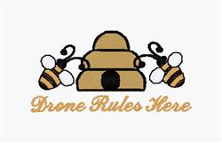Playful beehive in soft yellow with two cartoonish bees and 'Drone Rules Here' text below. Perfect for cheerful decor.