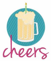 Beer mug with foam and lit candle, set against a teal backdrop, featuring 'cheers' in playful pink — perfect for celebrations