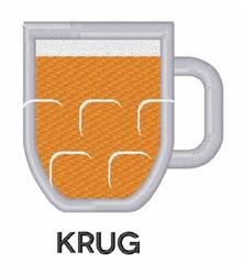 Cartoon beer mug filled with vibrant orange beverage, frothy top, and bold 'KRUG' text, perfect for kitchen towels.