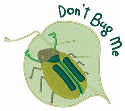 Playful cartoon beetle in green and yellow with blue stripes on a vibrant green leaf, featuring 'Don't Bug Me' text.