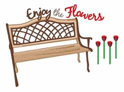 Wooden bench with a decorative backrest, surrounded by playful flowers in red and green, perfect for spring.