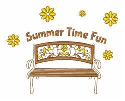 Whimsical wooden bench surrounded by cheerful yellow flowers and 'Summer Time Fun' text, perfect for summer décor.