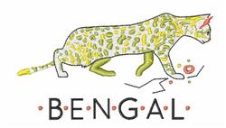 Playful Bengal cat silhouette with leopard spots in vibrant greens and browns, featuring 'BENGAL' text below.