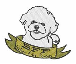 Cute Bichon Frise dog with fluffy coat and black outline above a joyful yellow banner with 'BFF'.