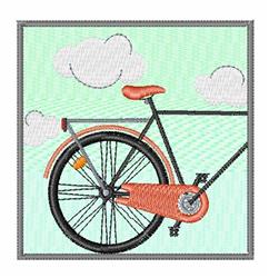 Whimsical bicycle with orange seat and detailed wheel, set against a blue sky with fluffy clouds.
