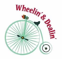 Vintage bicycle in light green with large and small wheels, featuring playful text 'Wheelin' & Dealin' above.
