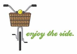 Playful bicycle with a basket and yellow bike light, featuring 'enjoy the ride.' in green script.