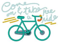 Playful bicycle design featuring a turquoise bike and cheerful 'Come on & take a ride' text, ideal for fabrics.