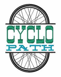 Stylized bicycle wheel with bold 'CYCLO' above and 'PATH' below in green and blue, set against a black wheel.