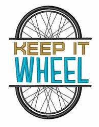 Bicycle wheel design featuring a black wheel encircling 'KEEP IT WHEEL' in playful blue and gold text.