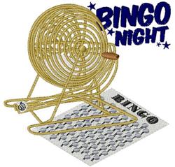 Bingo roller in gold at center with colorful bingo card, 'BINGO NIGHT' text above, festive game night design.