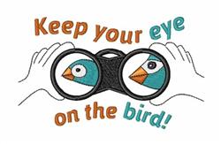 Playful binoculars held by hands, revealing cartoon birds with vibrant colors and whimsical text around them.