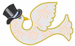 Charming bird in flight with a black top hat and light blue ribbon, featuring soft pink floral patterns, perfect for weddings
