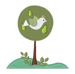 Whimsical bird perched on a vibrant green tree with small pears, playful scene with brown trunk and grassy foreground.