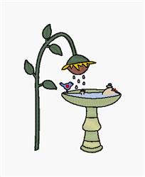 A whimsical birdbath with a greenish base and a bright yellow flower overhead, featuring a small blue bird nearby.