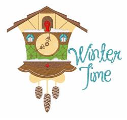 Playful birdhouse clock design adorned with colorful details, pine accents, and 'Winter Time' text for a cheerful winter them