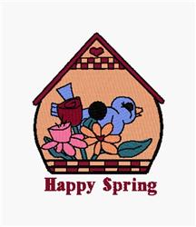 Whimsical birdhouse with a blue bird and colorful flowers on peach, 'Happy Spring' in bold red. Ideal for spring decor.