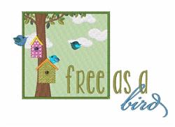 Playful tree with a birdhouse, surrounded by blue birds and clouds, capturing the vibrant spirit of spring.