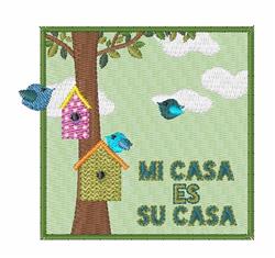 Colorful tree with pink and green birdhouses, blue birds, and white clouds, perfect for spring decor.