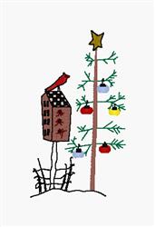 beginner-friendly christmas bird machine embroidery pattern - Birdhouse With Tree for kitchen tea towels