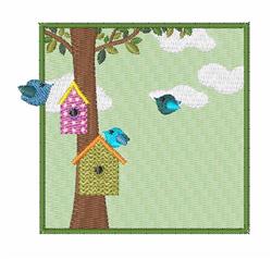 A playful tree with pink and green birdhouses, lively blue birds, and fluffy clouds, perfect for spring decor.