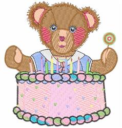 Whimsical bear with rosy cheeks holding a lollipop on a pink birthday cake with colorful frosting and candles.