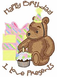 Playful bear with a festive party hat beside a colorful cupcake and gift box, celebrating a birthday.