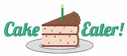 Colorful slice of cake with sprinkles and a green candle on a white plate, featuring playful 'Cake Eater!' text.