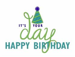 Colorful birthday hat with a pom-pom and 'IT'S YOUR DAY HAPPY BIRTHDAY' text, playful design for festive celebrations.