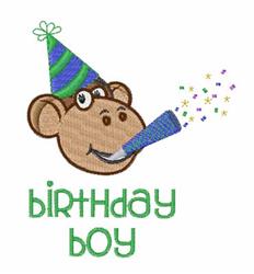 Cheerful monkey wearing a striped party hat, blowing a party blower with confetti, for a playful birthday celebration.