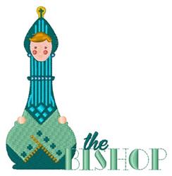 Cartoonish bishop figure in vibrant teal and green robes, featuring playful text 'the BISHOP' in whimsical style.