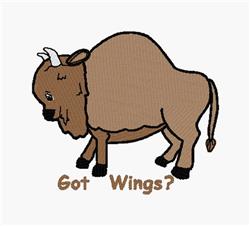Playful bison with rounded body and short horns, featuring 'Got Wings?' text below in brown tones.