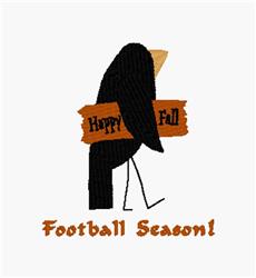 Playful black bird holding an orange sign saying 'Happy Fall', featuring cheerful text for autumn.