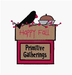Whimsical blackbird perched on a sign reading 'Happy Fall', with colorful branches, an acorn, and a bowl, perfect for autumn.