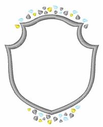 Blank shield shape with sleek gray border, adorned with colorful yellow, blue, and gray decorative drops.