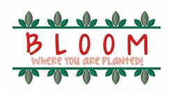 Playful text 'BLOOM' in bold red, surrounded by vibrant green leaves, perfect for a cheerful spring theme.