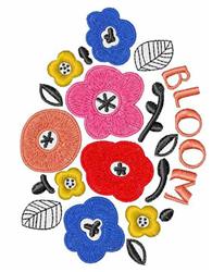 Vibrant flowers in pink, blue, red, and yellow surround green leaves, with the word 'BLOOM' in playful font for spring-themed