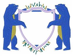Playful blue bears flank a customizable central shield, accented with vibrant decorations in a bold design.