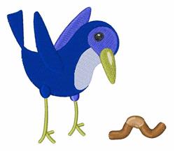 Colorful blue bird with green legs curiously looks at a brown worm; playful cartoon style design.