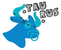 Playful bull head in blue with turquoise horns and cartoonish text 'TAU.RUS' in a cheerful design.