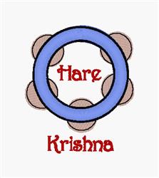 Bold text and circular design with a blue circle, beige elements, and 'Hare Krishna' in red.