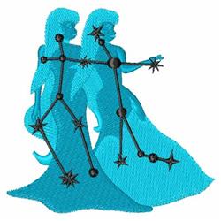 Two stylized female figures in vibrant blue gowns with whimsical star embellishments and black constellation lines.